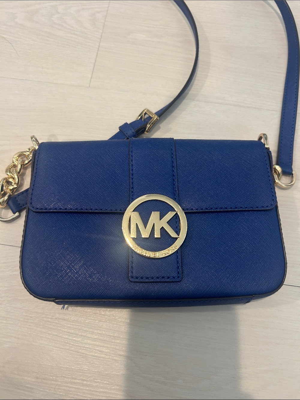 Michael Kors Small Blue MK Logo Crossbody Bag with Gold Hardware